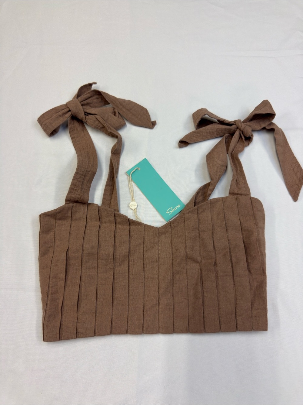 Shore Ribbed Tie-Shoulder Crop Top in Ginger Snap Brown size Small